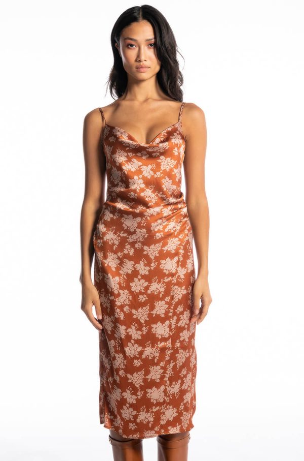 FLORAL PICTURE OF CLASS SATIN SLIP DRESS For Cheap