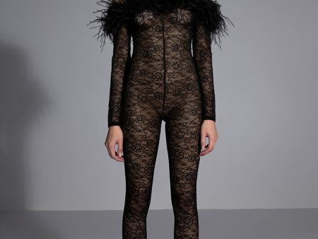 BIG LOVE LACE JUMPSUIT WITH FEATHER DETAILS Discount